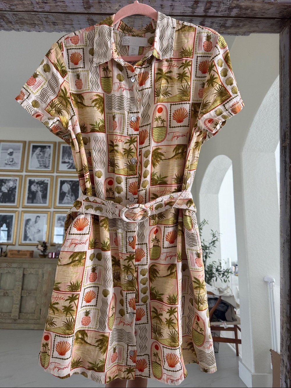 C&C California Linen Cream, Peach & Olive Tropical Print Shirt Dress